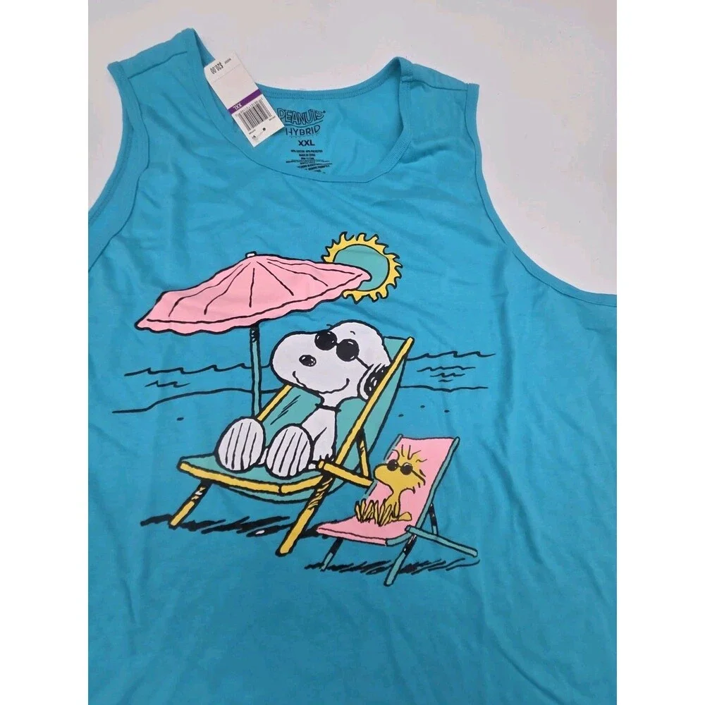 Peanuts Snoopy Woodstock Sunbathing Blue Tank Top XXL NWT Beach Theme Cartoon